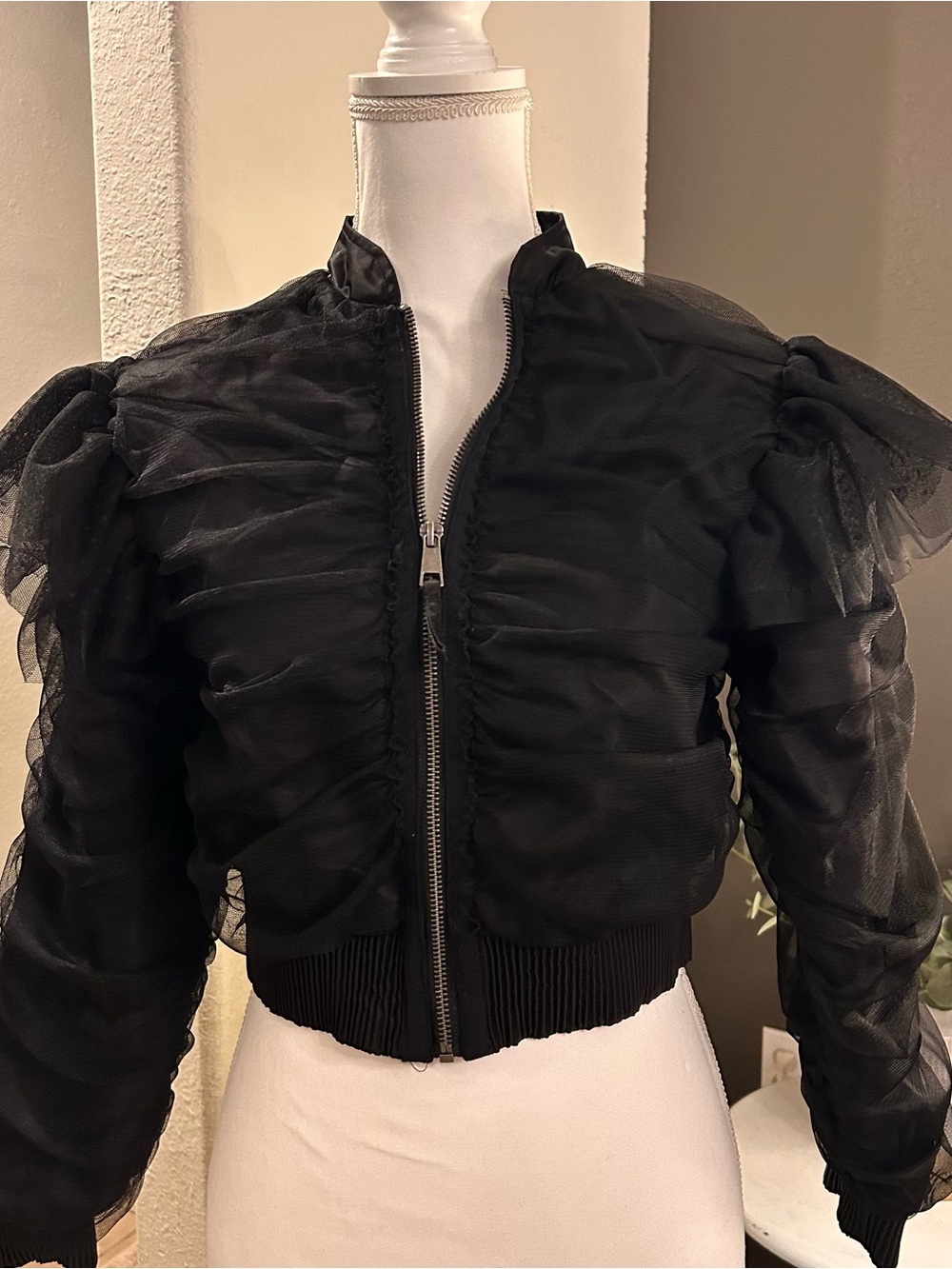 NWT Anthropologie Black Ruffled Mesh Bomber Jacket size XXS fits like a Small